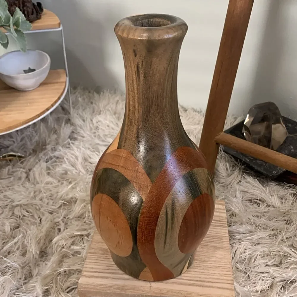 Decorative Handcrafted Wooden Vase Unsigned Made With Multiple Varieties Of Wood